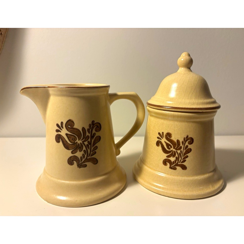 Pfaltzgraff Village Ceramic Creamer and Sugar Set 3pc Vintage Beige Brown Floral